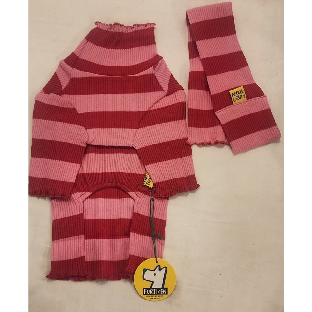 Furtizen Dog Shirt & Scarf Set Red Pink Striped Tee Lettuce Trim XL NWT